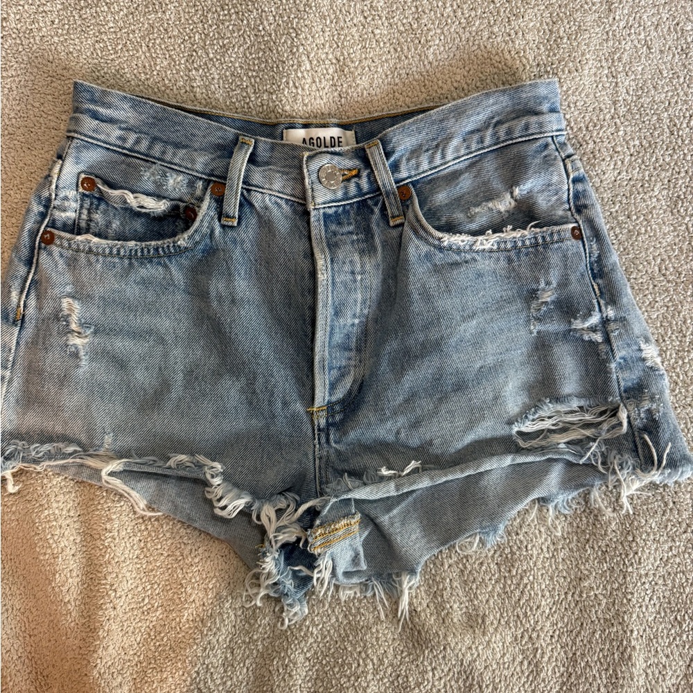 Agolde Light Blue Distressed Jean Shorts